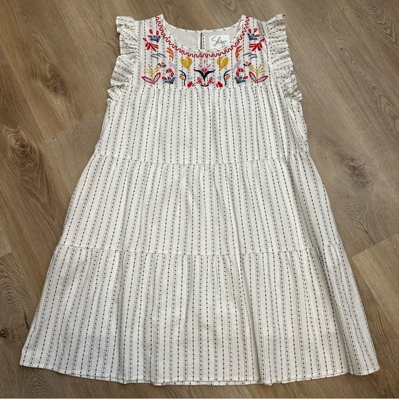 Shop White Pleated Crewneck Sundress with Floral Embrodiery - Picture 1 of 7